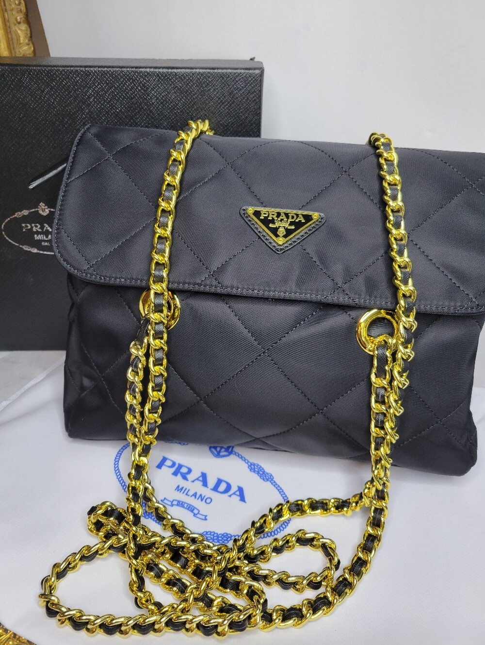 GWP Prada Black Quilted Tessuto Nylon Chain Bag 9"x8", New In Box - Picture 4 of 15